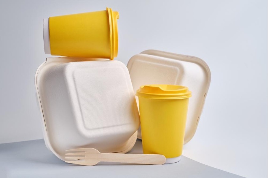 白と黄色の紙製食器